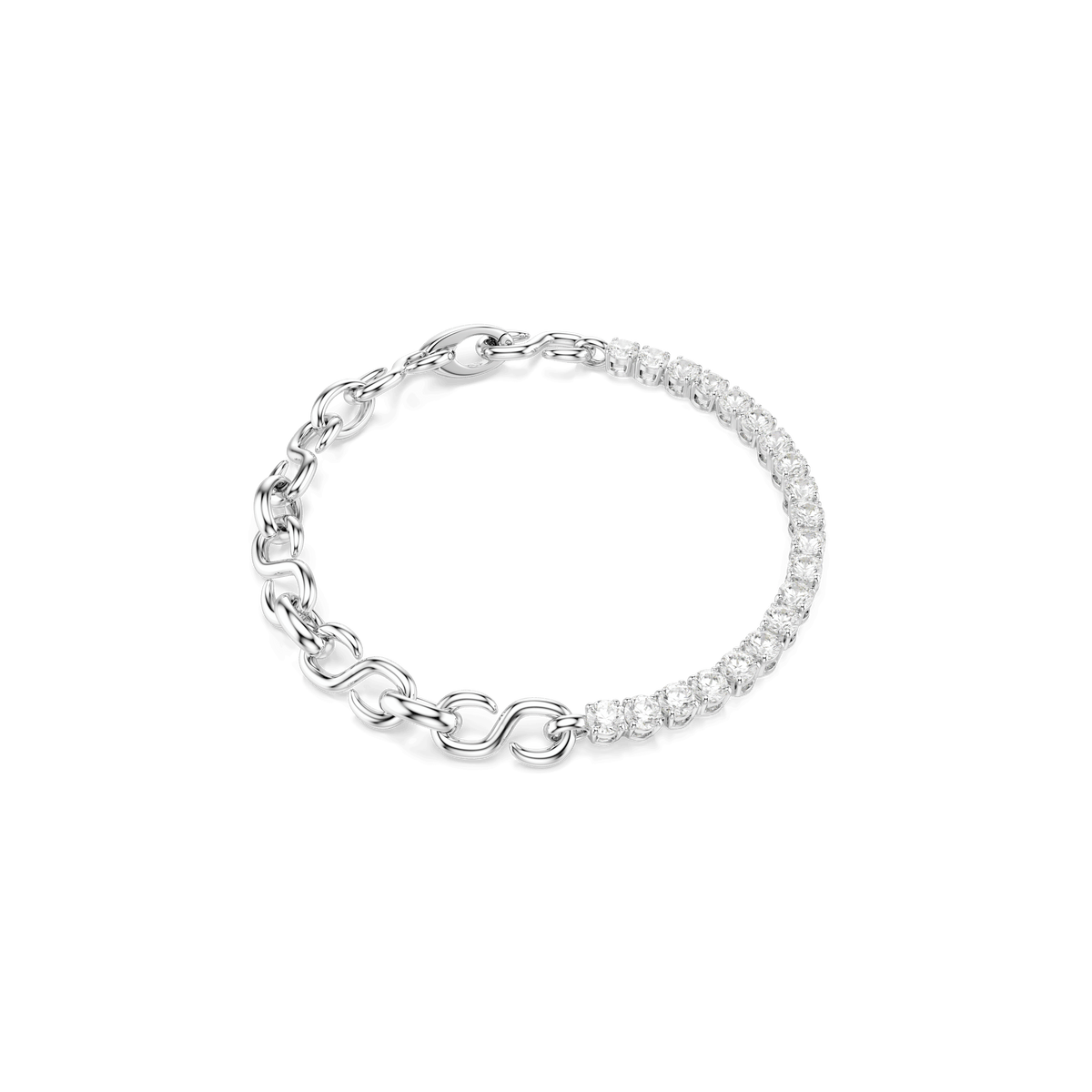 A Swarovski Matrix bracelet in rhodium-plated metal, featuring a half chain and half row of round-cut white Swarovski Zirconia gemstones, elegantly displayed on a plain white background—an exquisite jewelry piece by Swarovski inspired by classic tennis bracelet design.
