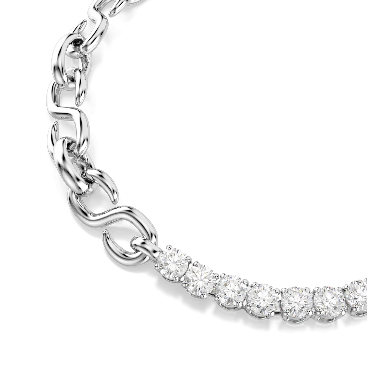 A close-up of an elegant jewelry piece: the Swarovski Matrix bracelet featuring round, sparkling white stones and a rhodium-plated finish, displayed on a plain white background.