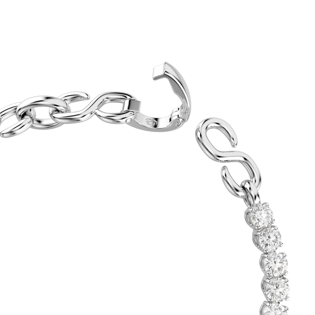 Close-up of the Swarovski Matrix bracelet, Round cut, White, Rhodium plated by Swarovski, shown with its clasp open to reveal one side crafted from metal links and the other accented with round, clear crystals against a white background.