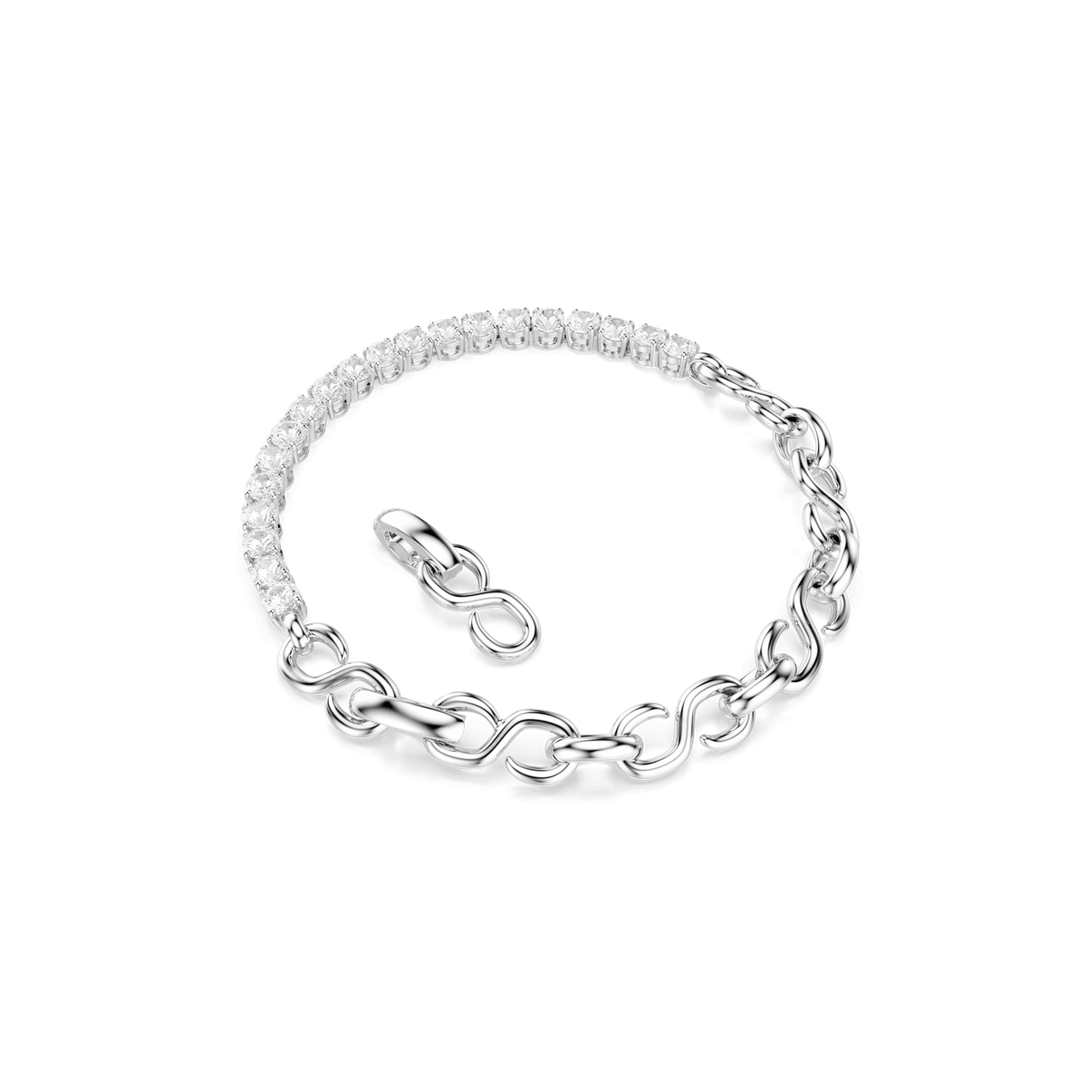 The Swarovski Matrix bracelet features round-cut, clear Swarovski Zirconia gemstones set in rhodium-plated interlocking chain links, creating an elegant and sparkling jewelry piece from Swarovski, beautifully displayed against a white background.