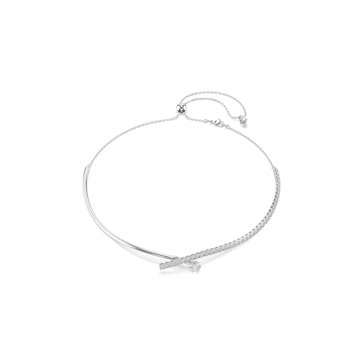 The Swarovski Matrix necklace, crafted in rhodium-plated metal with sparkling round-cut Swarovski Zirconia stones and an elegant asymmetrical design, is displayed on a white background.