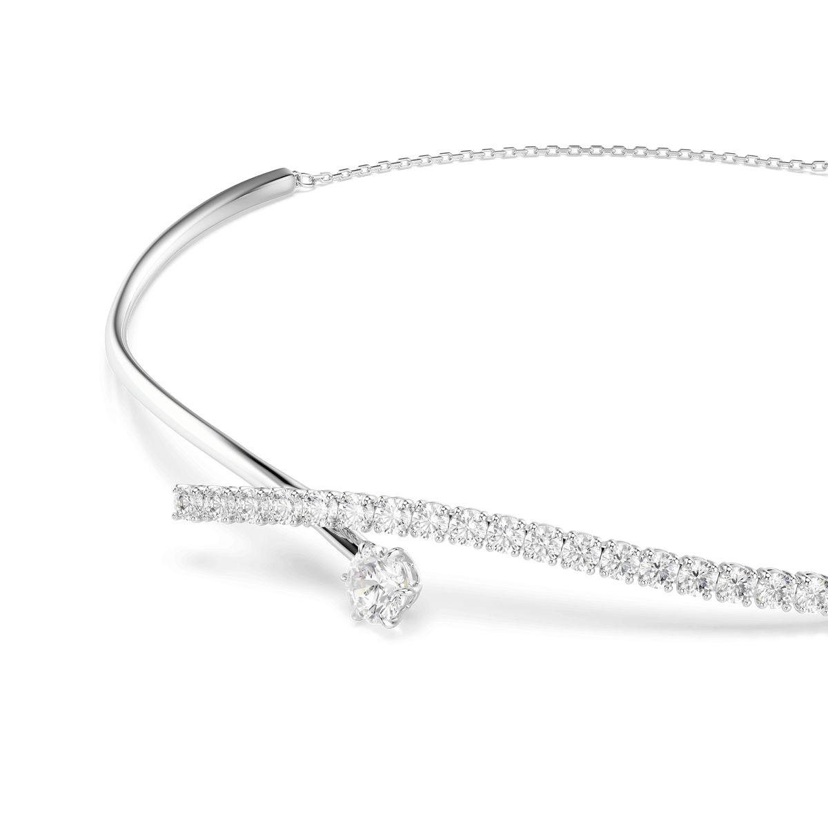 The Swarovski Matrix necklace showcases a central round-cut white Swarovski Zirconia accented by a curved row of sparkling stones, crafted in rhodium-plated metal with a sleek, modern design and a delicate, adjustable chain.