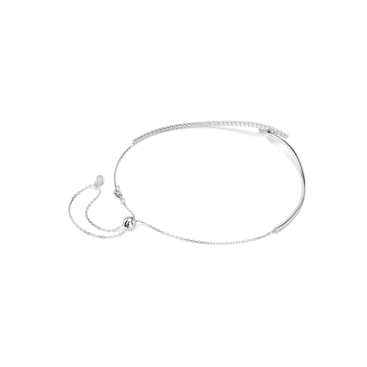 Swarovski Matrix necklace, featuring round-cut Swarovski crystals in brilliant white and finished with a rhodium plating, displayed on a plain white background.