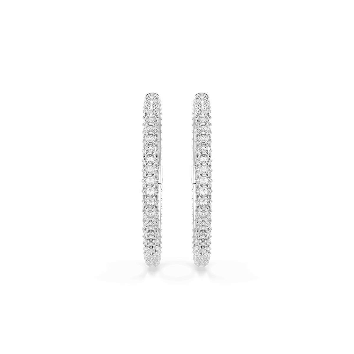 A pair of large, elegant Swarovski Dextera hoop earrings by Swarovski, featuring round-cut white crystals in a dazzling pavé setting and finished with rhodium plating, beautifully displayed on a plain white background.