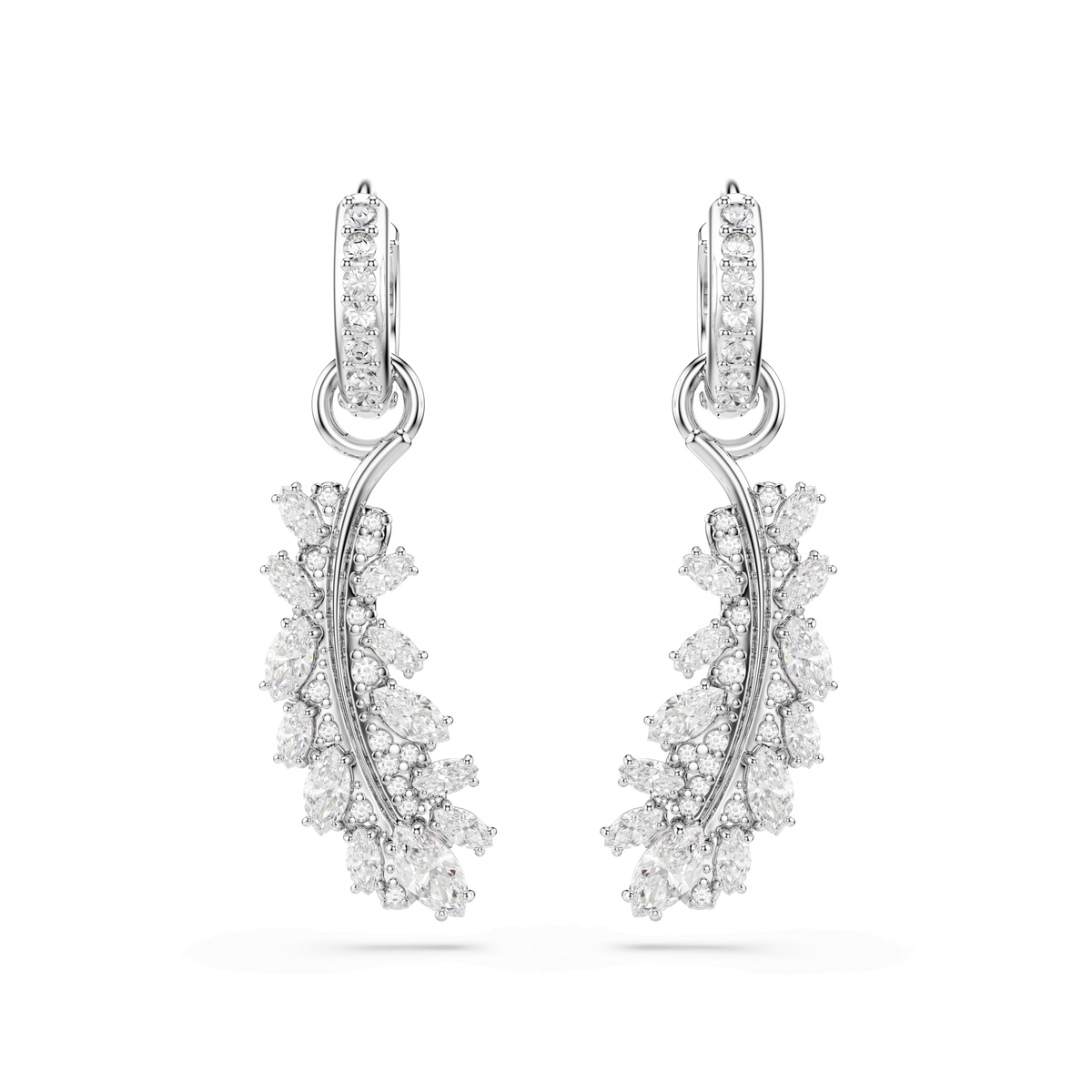 A pair of Swarovski Vienna earrings featuring a feather design with mixed-cut, sparkling white Swarovski Zirconia gemstones set along the stems and edges, crafted in rhodium-plated metal and displayed against a plain white background.