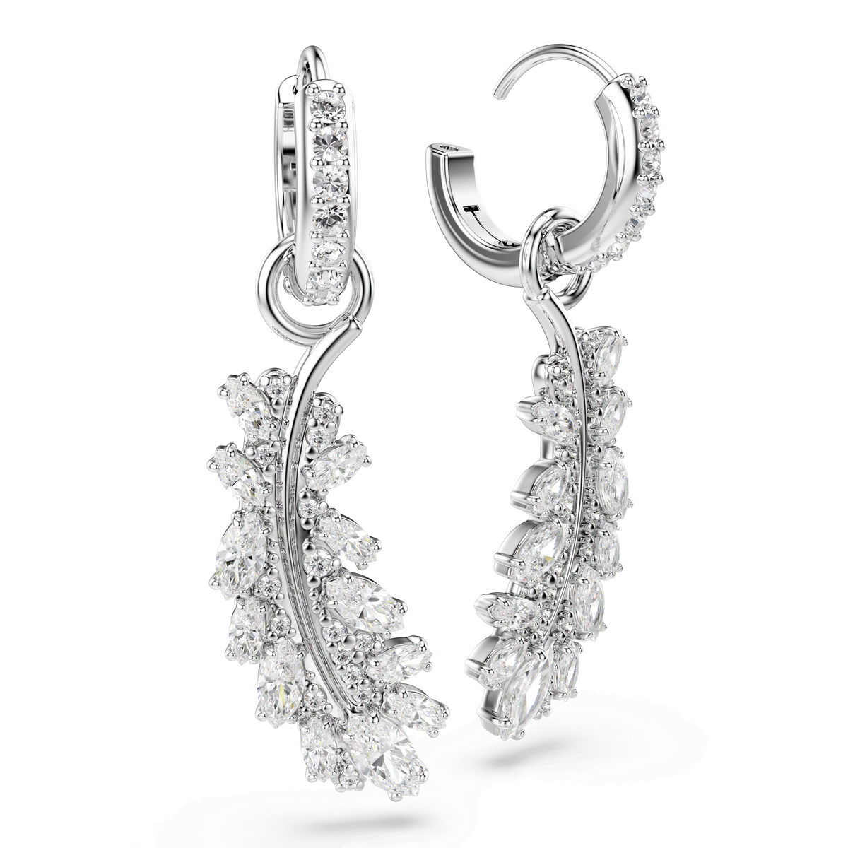 A pair of Swarovski Vienna earrings in white, featuring feather-inspired curves with mixed-cut Swarovski crystals, finished with rhodium plating and displayed against a white background.