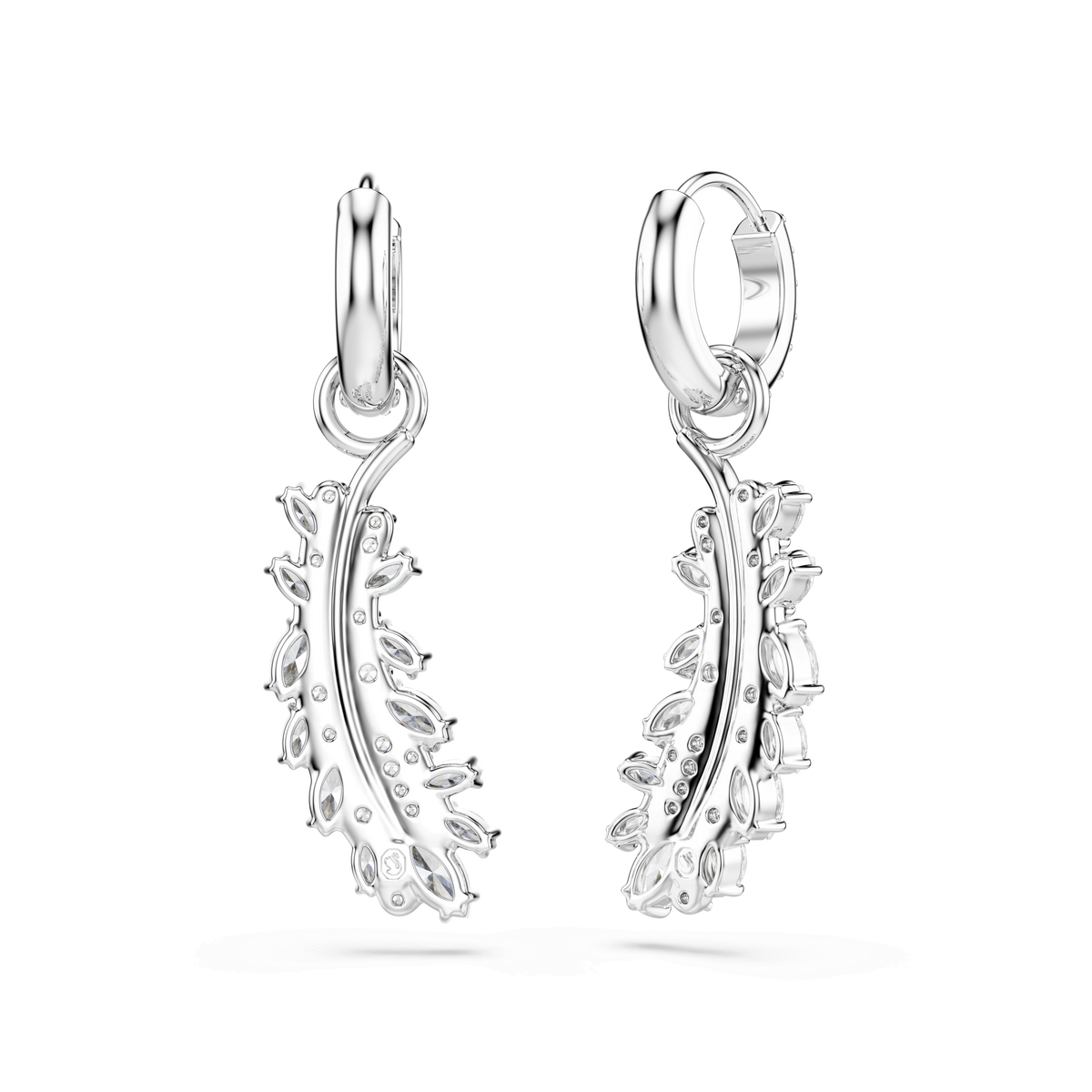 A pair of Swarovski Vienna earrings in rhodium plating, featuring feather-shaped charms with mixed cuts and delicate white Swarovski Zirconia accents. From the Vienna Collection by Swarovski, shown against a plain white background.