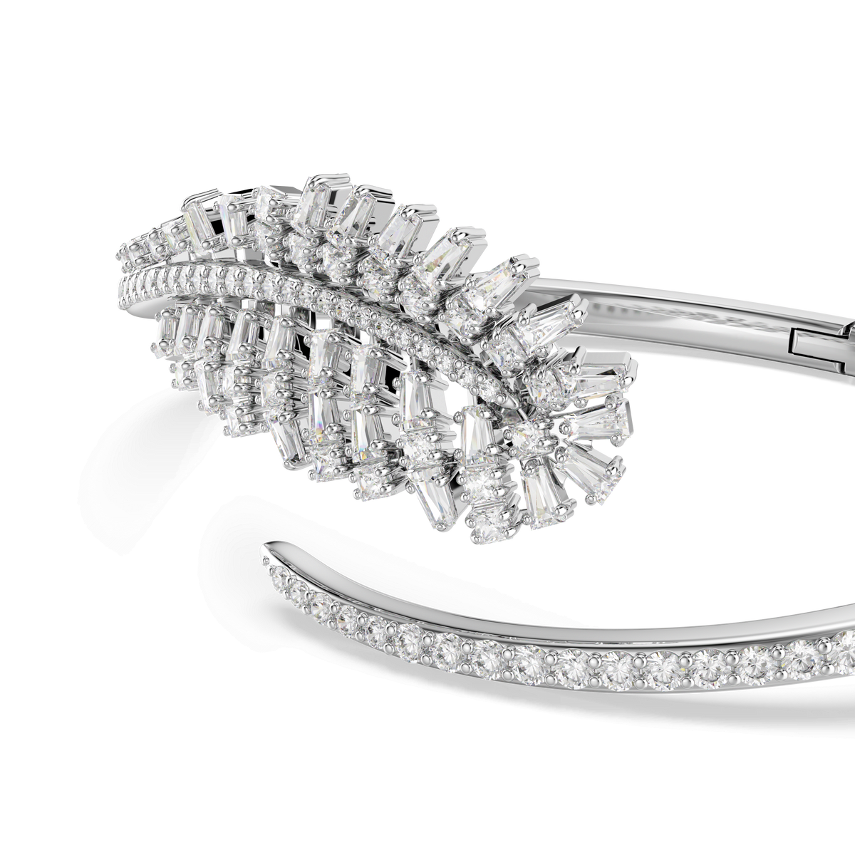Introducing the Swarovski Vienna bangle: a rhodium-plated piece from the Vienna Collection, adorned with mixed-cut white Swarovski Zirconia in an elegant feather motif, and featuring a sleek open band embellished with pavé accents.