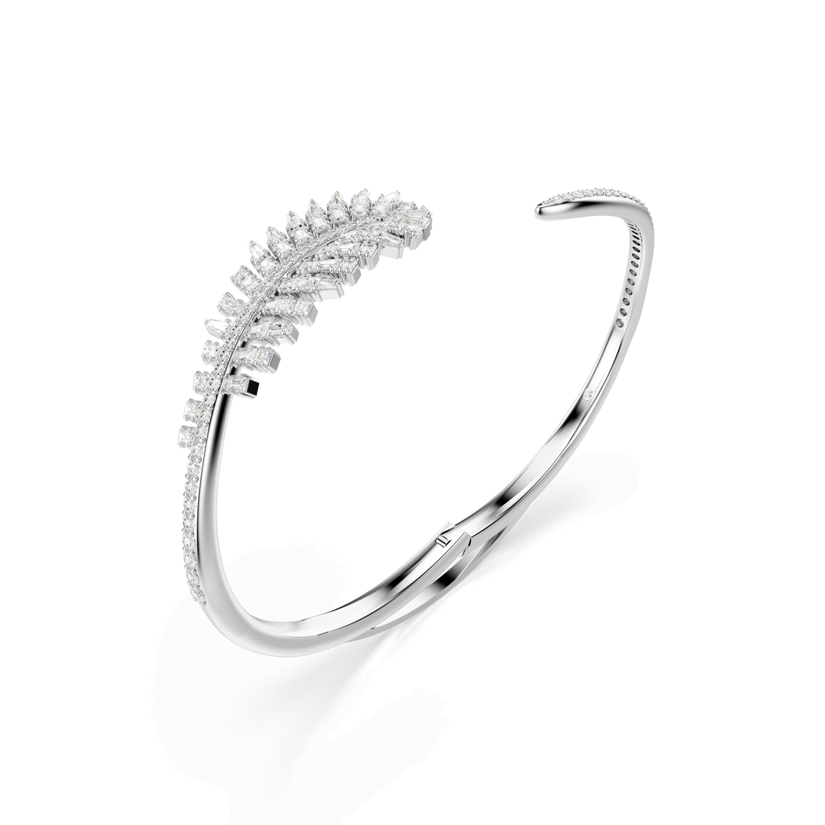 The Swarovski Vienna bangle features a feather-inspired design with mixed cuts and shimmering white Swarovski Zirconia, beautifully rhodium plated and showcased on a plain white background.