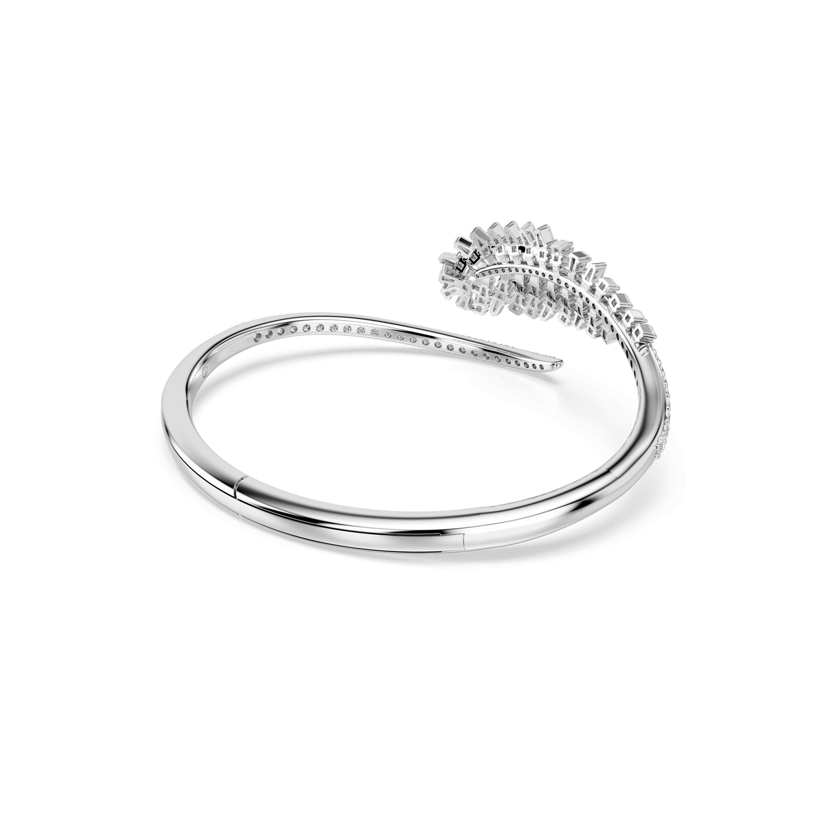 The Swarovski Vienna bangle from the Vienna Collection showcases a rhodium-plated, open feather design in white, adorned with mixed-cut Swarovski Zirconia for a sparkling, textured effect—reminiscent of clustered crystals or leaves—set against a plain white background.