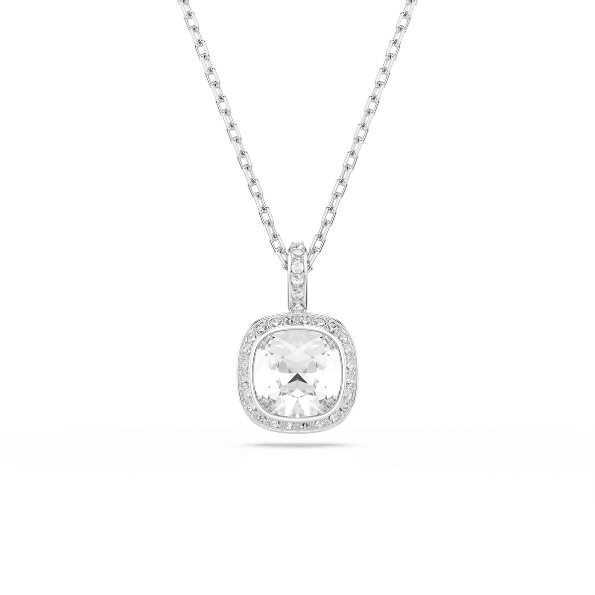 Discover the Swarovski Una Angelic pendant: a rhodium-plated silver necklace featuring a cushion-cut clear gemstone encircled by sparkling halos of smaller stones, all set against a white background.