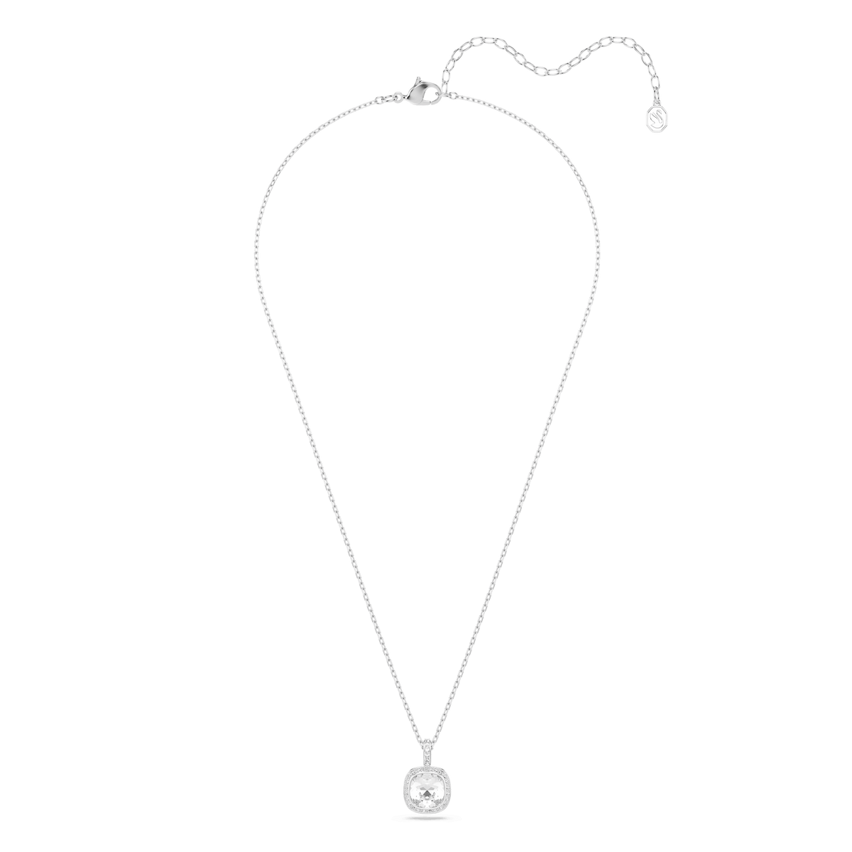 The Swarovski Una Angelic pendant features a cushion-cut, clear white gemstone set at its center, elegantly suspended from a delicate rhodium-plated chain—a stunning piece of modern jewelry that radiates timeless elegance.