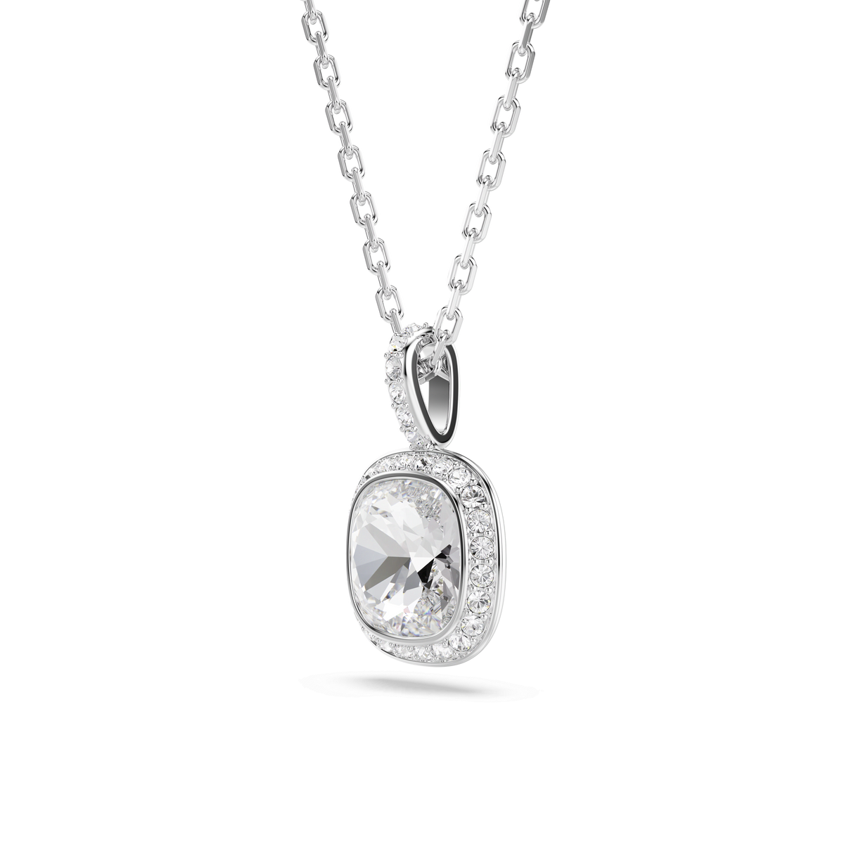 A Swarovski Una Angelic pendant, cushion cut and rhodium plated in white, showcases a clear gemstone encircled by dazzling halos of sparkling stones, elegantly displayed on a simple light background.
