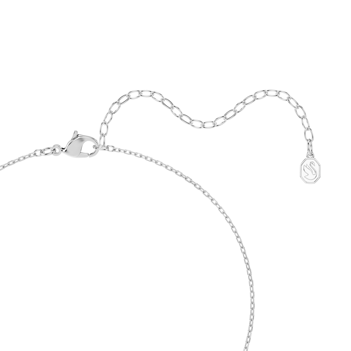 The Swarovski Una Angelic pendant is a rhodium plated necklace featuring a cushion-cut white stone, exemplifying modern jewelry style with its understated elegance. Displayed against a plain white background, this piece showcases the renowned Swarovski craftsmanship and timeless design.