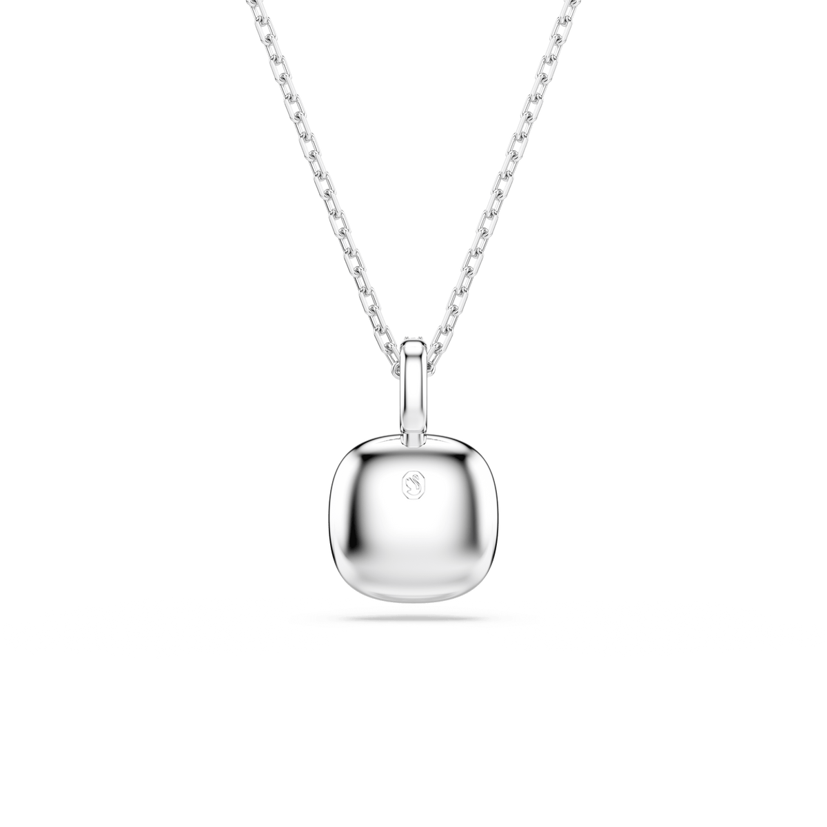 Swarovski Una Angelic pendant necklace featuring a cushion-cut white stone with an engraved center detail, set in rhodium-plated silver and displayed on a plain white background.