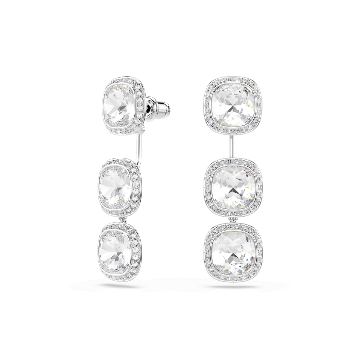 A pair of Swarovski Una Angelic earrings, featuring cushion-cut white stones surrounded by sparkling halos and finished with a rhodium-plated setting, displayed on a white background.