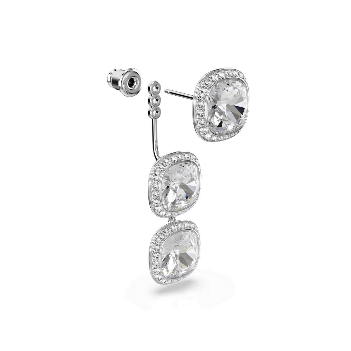 The Swarovski Una Angelic earrings feature three vertically arranged, cushion-cut white stones, each surrounded by sparkling halos of smaller crystals and joined by delicate links. The rhodium-plated backing is visible at the top.