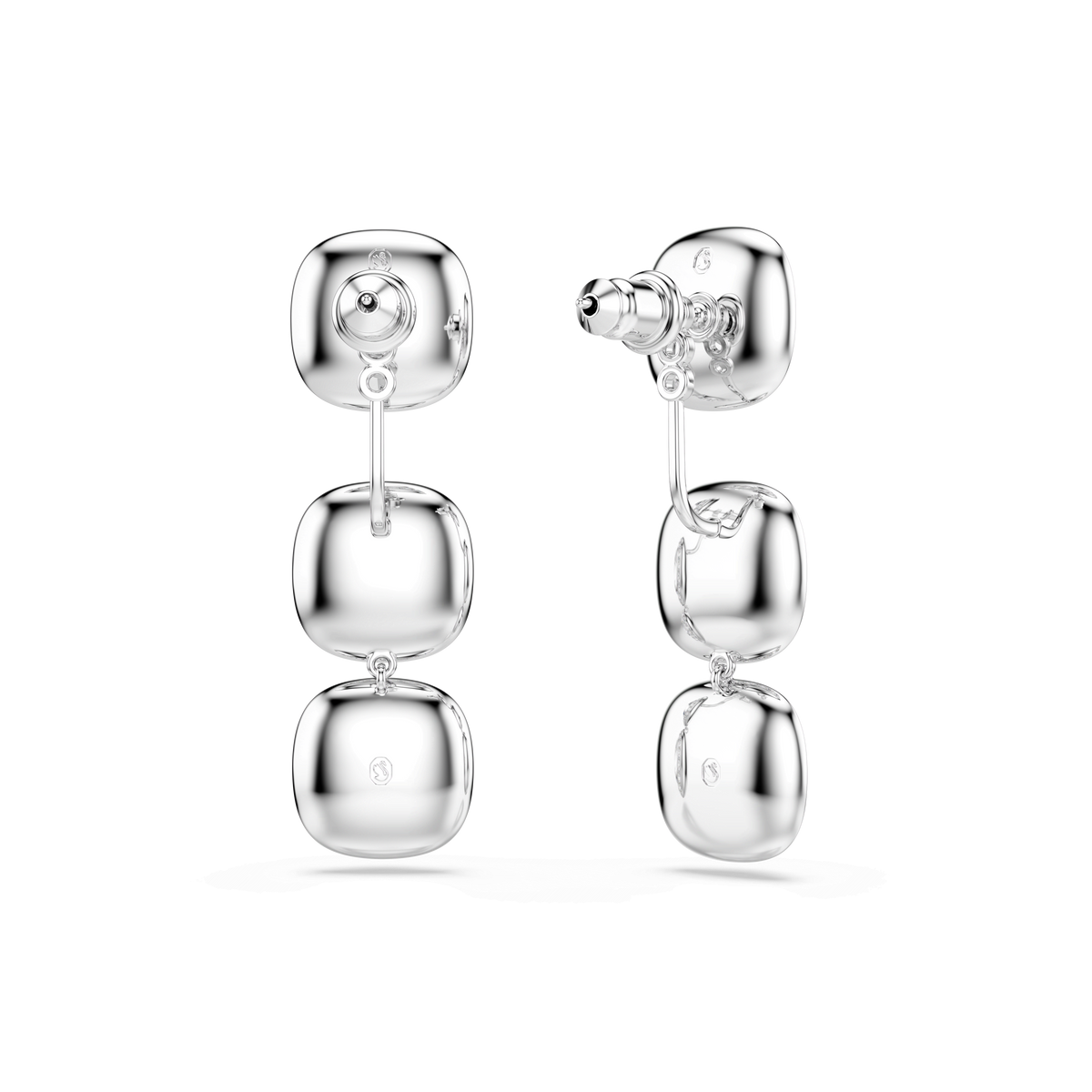 The Swarovski Una Angelic earrings, featuring three cushion-cut, rhodium-plated segments that shimmer elegantly, are showcased against a plain white background. One earring displays the front view of the sparkling white design, while the other reveals its side profile and secure push-back closure.