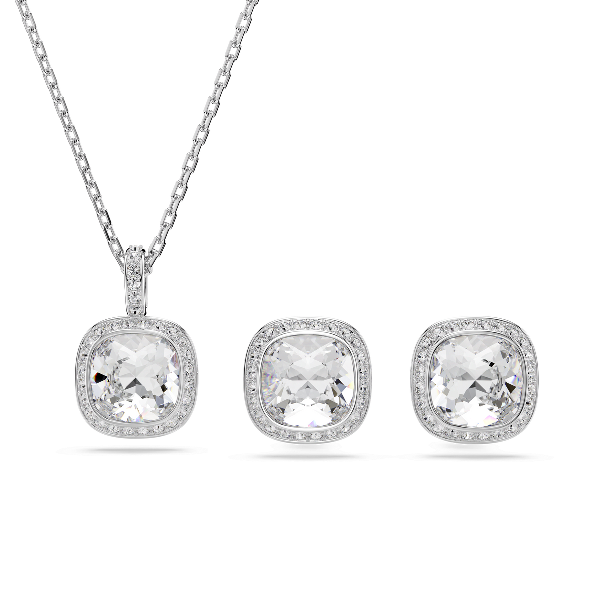 The Swarovski Una Angelic set features a rhodium plated silver necklace with a cushion-cut white stone pendant and matching stud earrings, each elegantly encircled by sparkling halos of smaller stones, perfectly capturing modern jewelry style and showcased against a white background.