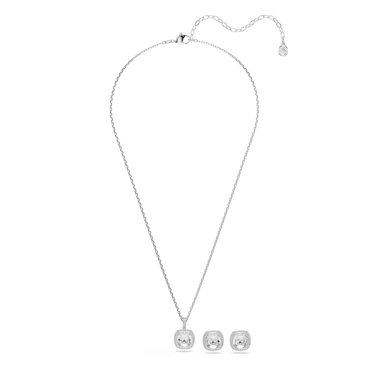 A striking example of contemporary jewelry, the Swarovski Una Angelic set features a cushion-cut white gemstone pendant on a silver-tone necklace, displayed with matching stud earrings—all beautifully presented on a white background.