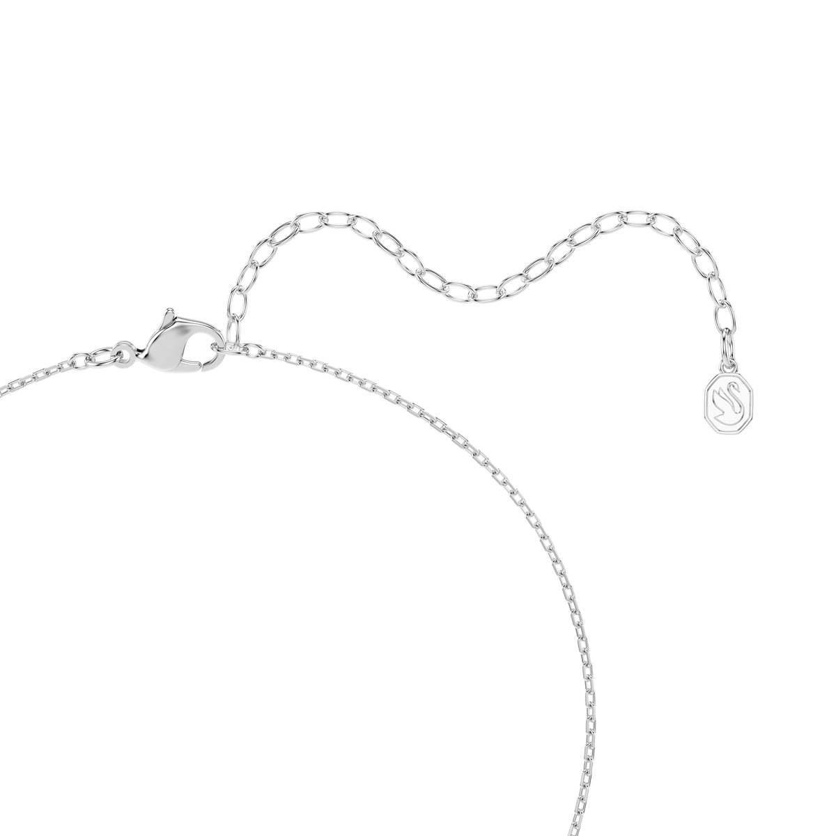 A detailed close-up of the Swarovski Una Angelic set showcases a cushion-cut white crystal necklace, beautifully rhodium-plated, with a lobster clasp and extender chain ending in a signature Swarovski charm—all displayed against a white background. This elegant piece from Swarovski effortlessly complements any contemporary style.