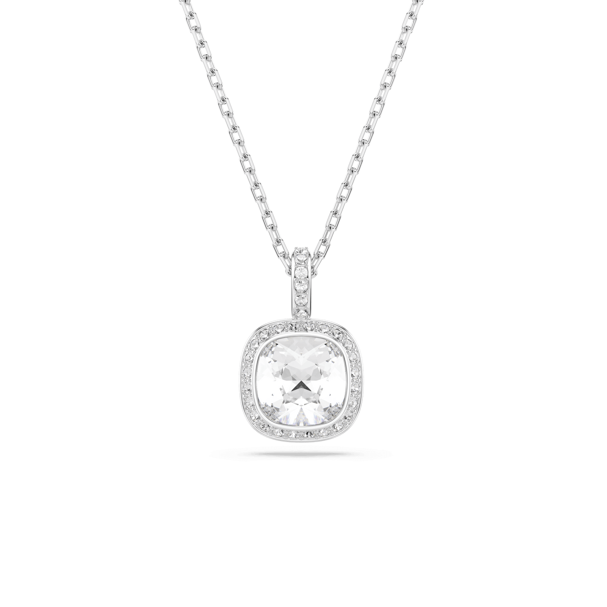 The Swarovski Una Angelic set features a rhodium-plated silver chain necklace with a cushion-cut pendant, showcasing a brilliant square-shaped white gemstone encircled by sparkling halos of smaller stones. This elegant contemporary piece by Swarovski is beautifully displayed against a plain white background.