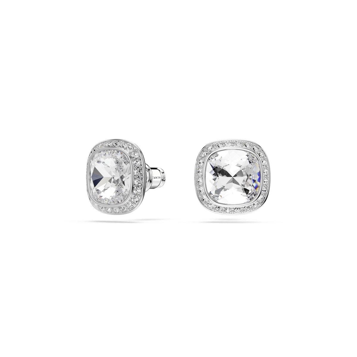 Swarovski Una Angelic set, Cushion cut, White, Rhodium plated—featuring square silver-toned stud earrings with large cushion-cut clear gemstones at the center, each surrounded by a sparkling halo of smaller stones. Displayed against a plain white background, these stunning earrings exemplify contemporary Swarovski craftsmanship.