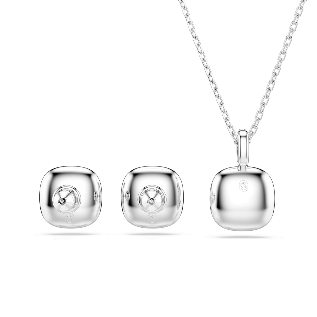 Swarovski Una Angelic set featuring two cushion-cut stud earrings and a matching cushion-shaped pendant necklace in white, crafted with a smooth, reflective rhodium-plated finish that embodies the allure of contemporary jewelry, elegantly displayed on a plain white background.