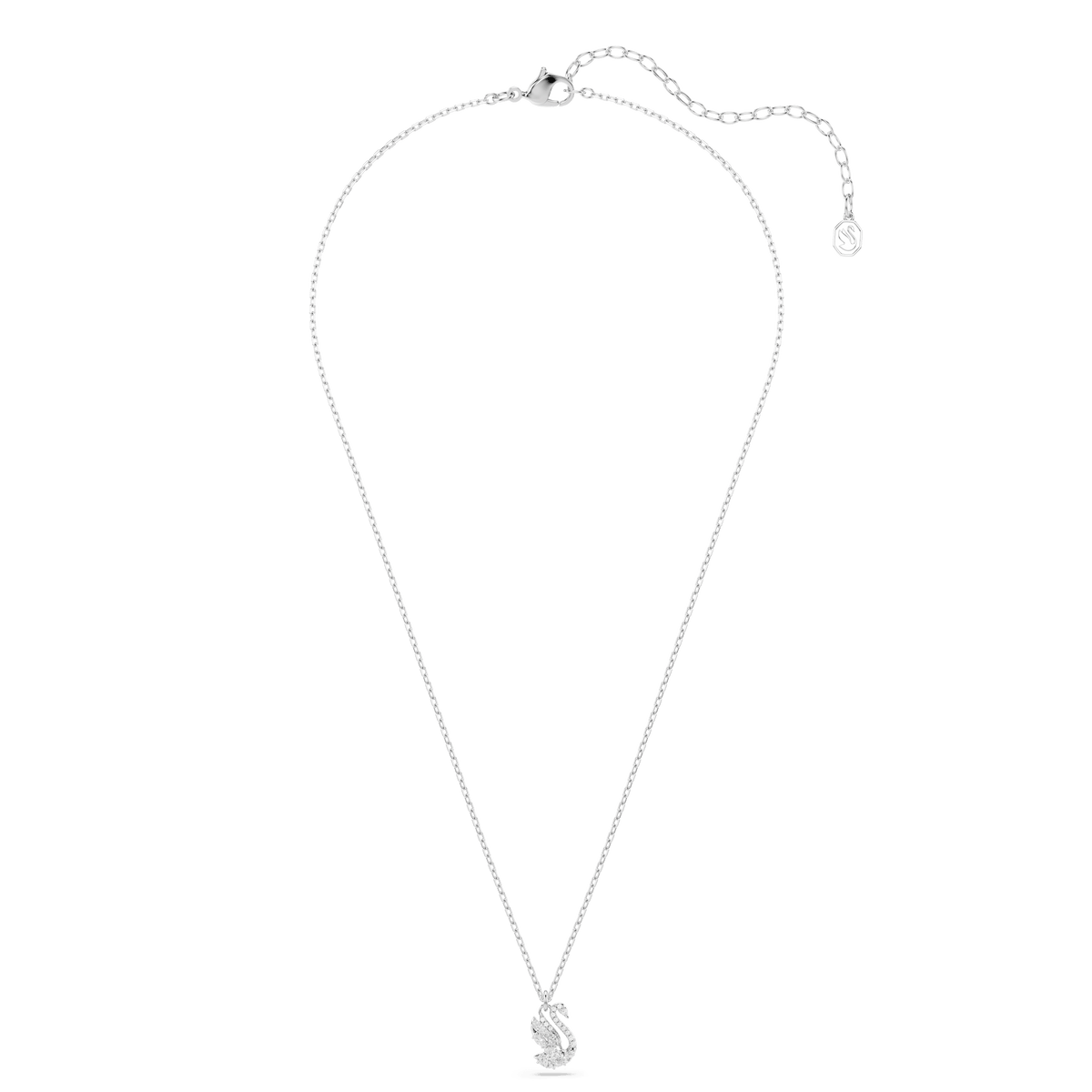A stunning Swarovski Swan pendant featuring mixed-cut stones and crafted in rhodium-plated white, displayed on a white background—an elegant piece of symbolic jewelry from Swarovski, perfect for any occasion.