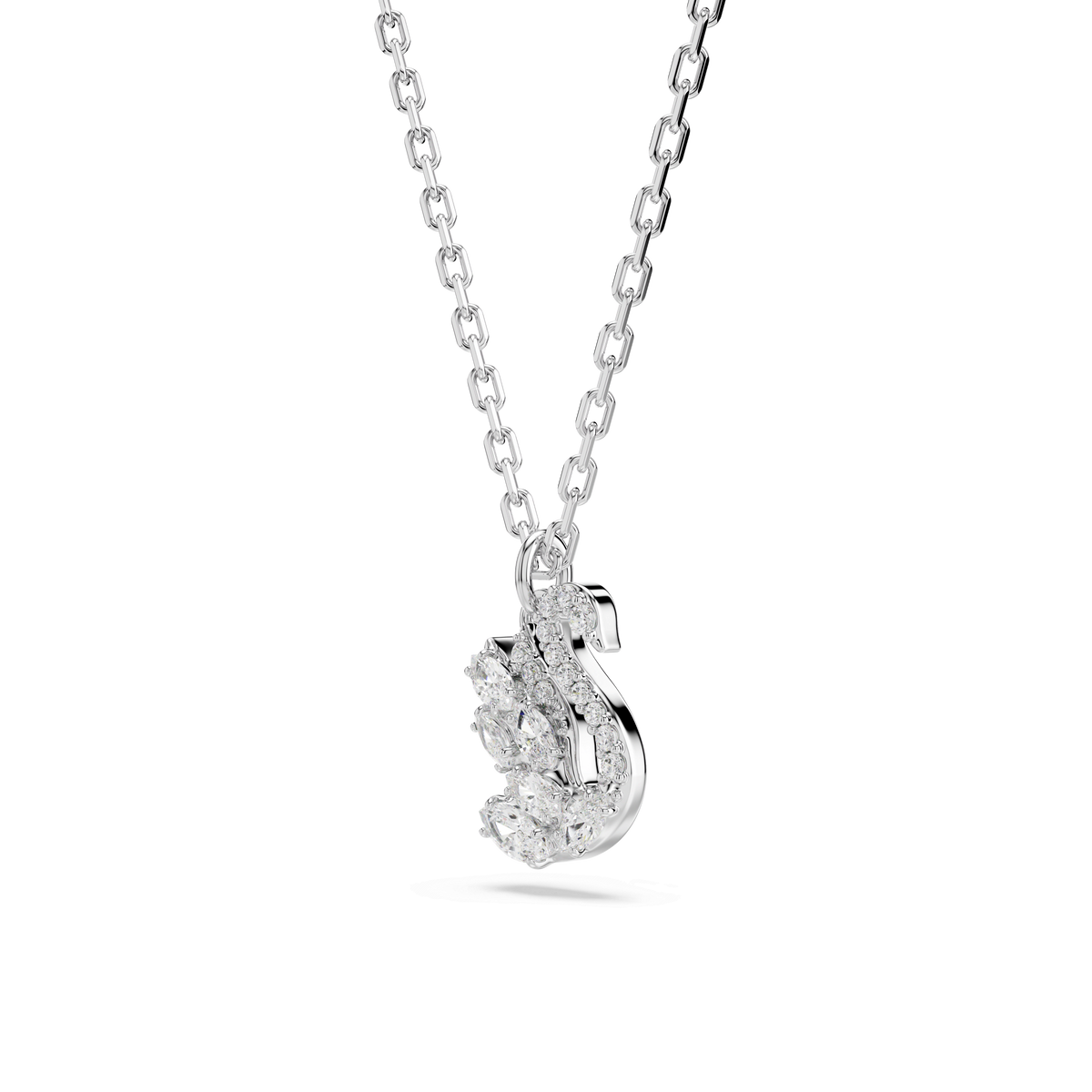 A rhodium-plated silver Swarovski Swan pendant features a graceful swan design, adorned with mixed-cut clear gemstones arranged in a sparkling pavé pattern. This elegant piece of symbolic jewelry from Swarovski is beautifully showcased against a plain white background.