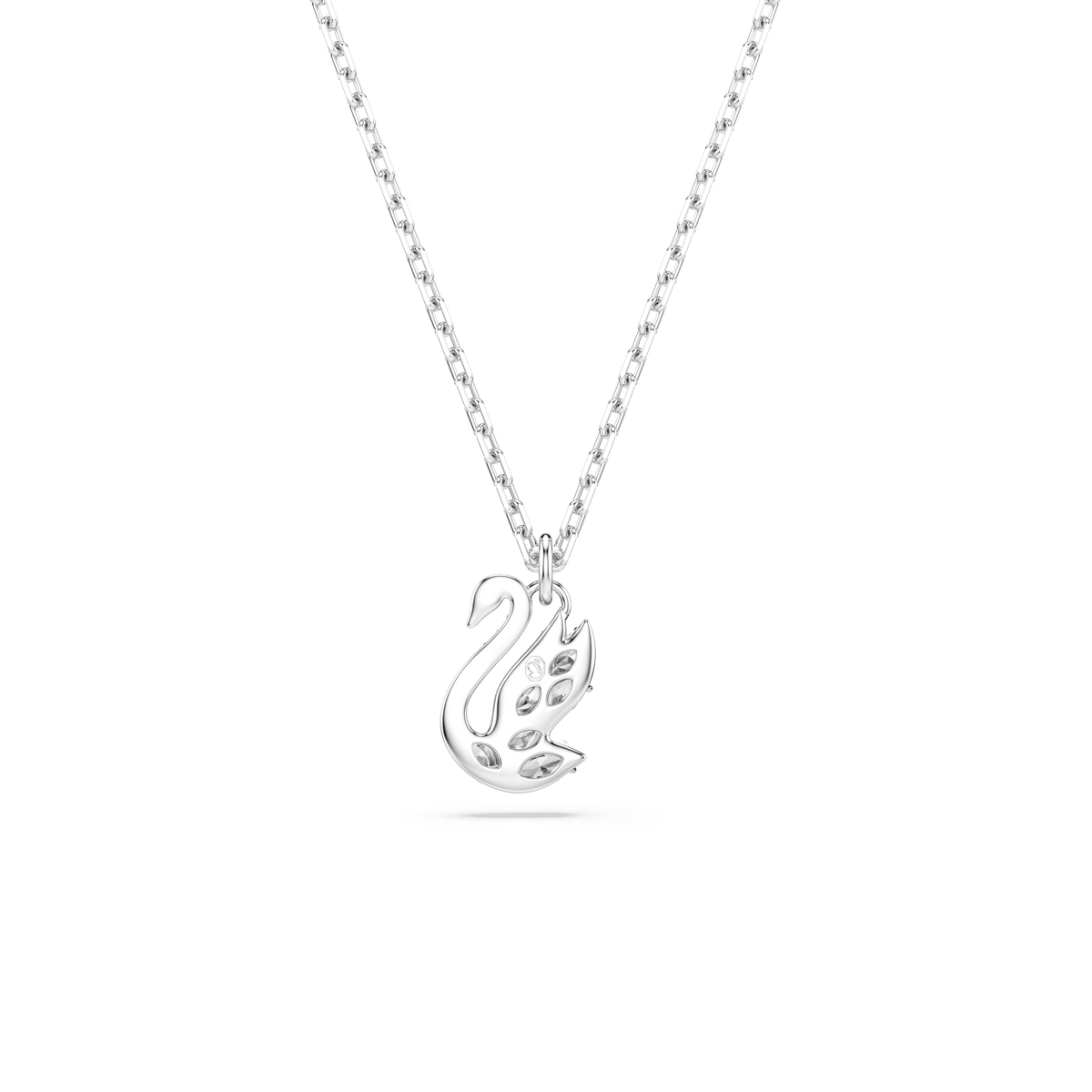 The Swarovski Swan pendant in white features mixed cuts and a swan-shaped design, elegantly crafted with rhodium plating and suspended from a simple chain—an exquisite piece of symbolic jewelry by Swarovski, perfect for any occasion.