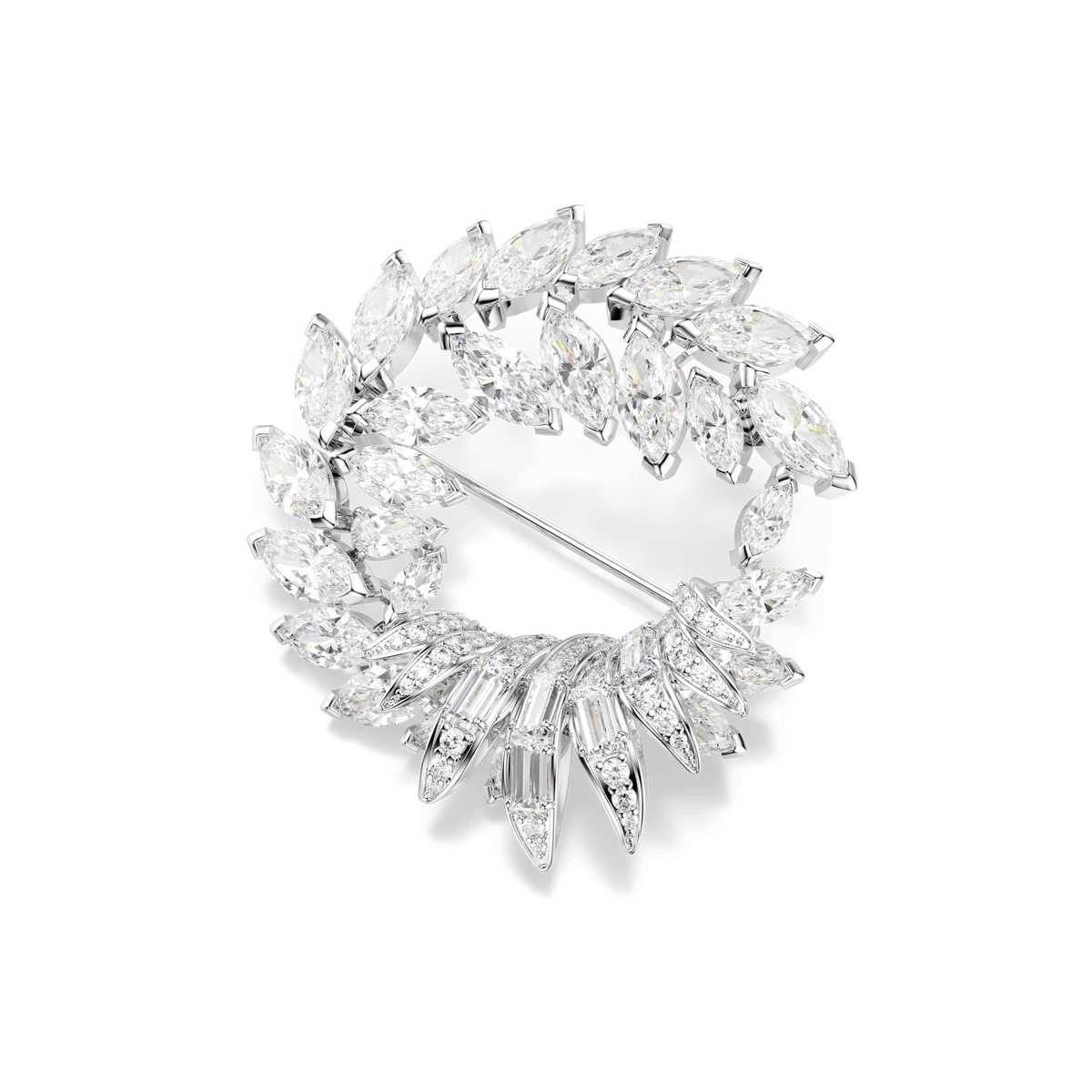 The Swarovski Mesmera brooch by Swarovski features marquise-cut white stones, set in rhodium plating, with an elegant circular design that resembles overlapping leaves or feathers.