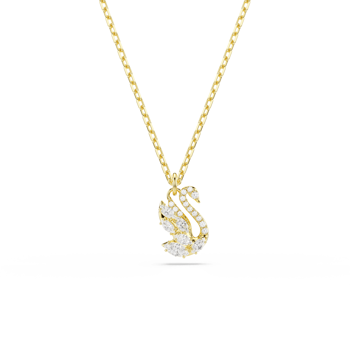 Swarovski Swan pendant, Mixed cuts, Swan, White, 18K gold finish—this stunning Swarovski necklace features a graceful swan pendant adorned with clear crystals in mixed cuts, suspended from an elegant gold-finished chain and displayed on a plain white background. An exquisite piece from Swarovski that radiates sophistication.