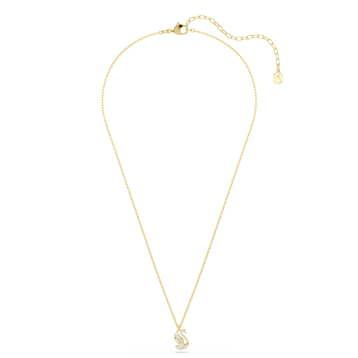 A Swarovski Swan pendant necklace, featuring mixed cuts and a sparkling Swan motif in white with an 18K gold finish, is displayed on a fine chain against a white background.