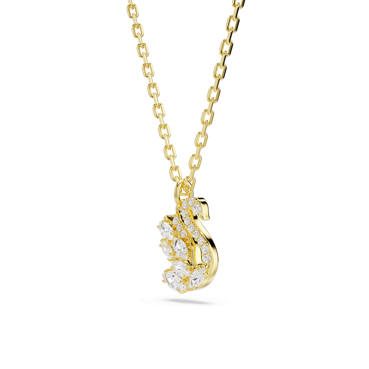 This elegant necklace from Swarovski features the iconic Swan pendant in white, crafted with mixed-cut clear gemstones that form the swan’s body and wing, and finished in radiant 18K gold.