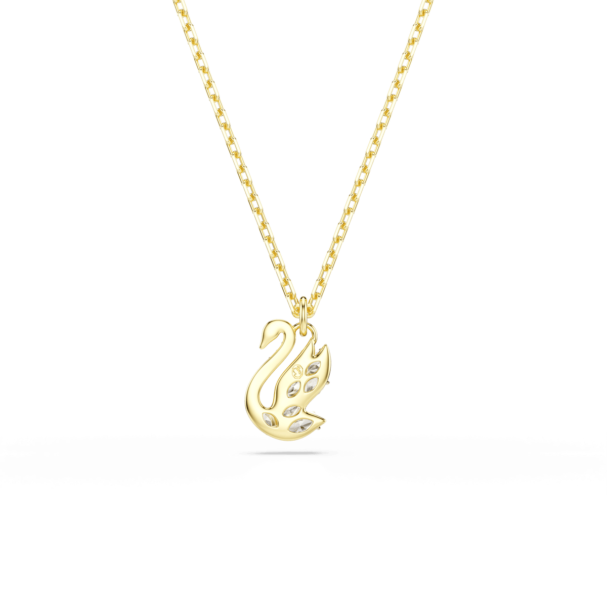 The Swarovski Swan pendant features mixed cuts and small clear stones embedded in the iconic swan motif, finished in 18K gold, and displayed on a simple gold chain against a plain white background.