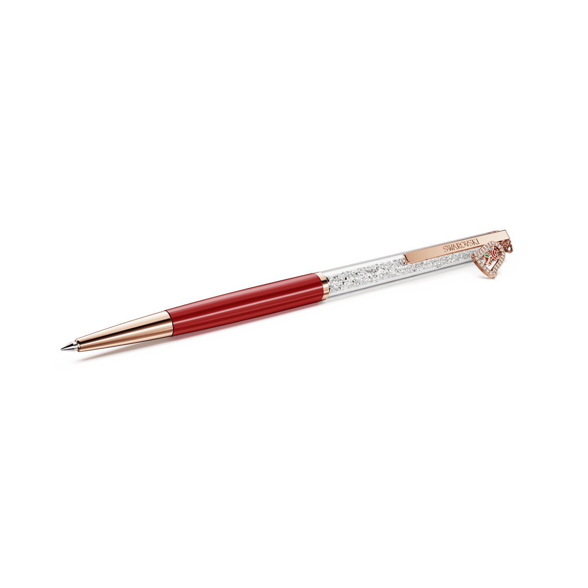 Here’s a rewritten sentence using the provided product data: The Swarovski Crystalline ballpoint pen, Bell edition, features a radiant red lacquered lower barrel, elegant rose gold-tone plated tip and clip, and a sparkling upper barrel filled with dazzling crystals—evoking the magic of the enchanted rose from Beauty and the Beast—all showcased against a pristine white background.