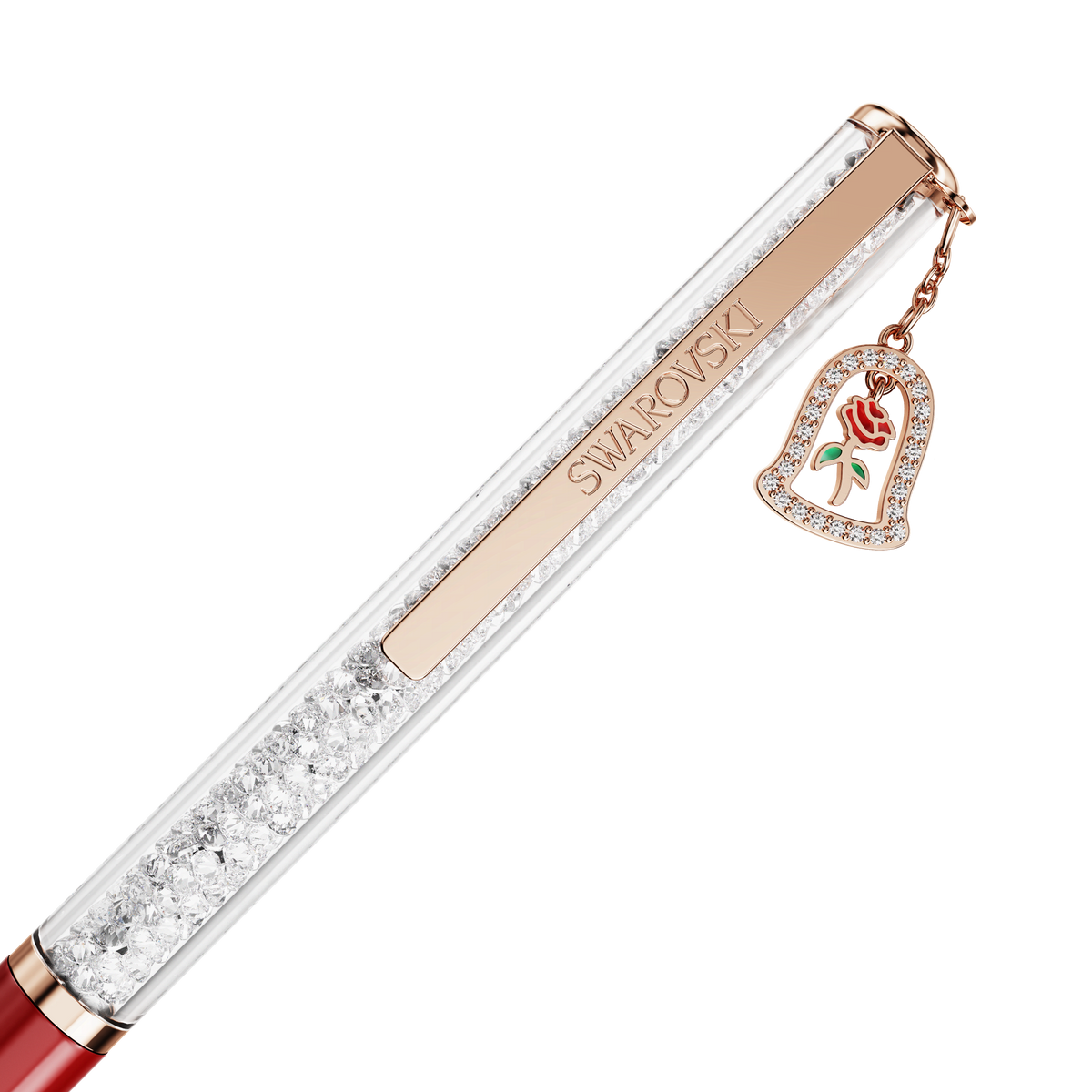Introducing the Swarovski Crystalline Ballpoint Pen in red lacquer, featuring a rose gold-tone plated clip and filled with sparkling crystals. Inspired by Beauty and the Beast, this elegant pen is adorned with an enchanting Belle rose charm dangling from the top—making it a magical keepsake for fans of the classic tale.