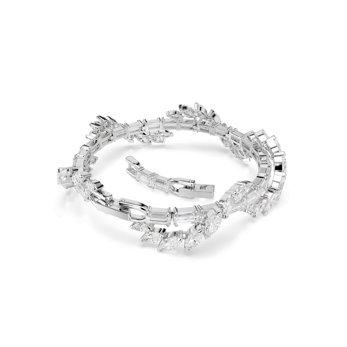 A Swarovski Mesmera bracelet featuring mixed-cut clear Swarovski Zirconia gemstones in white, finished with rhodium plating, displayed on a white background.