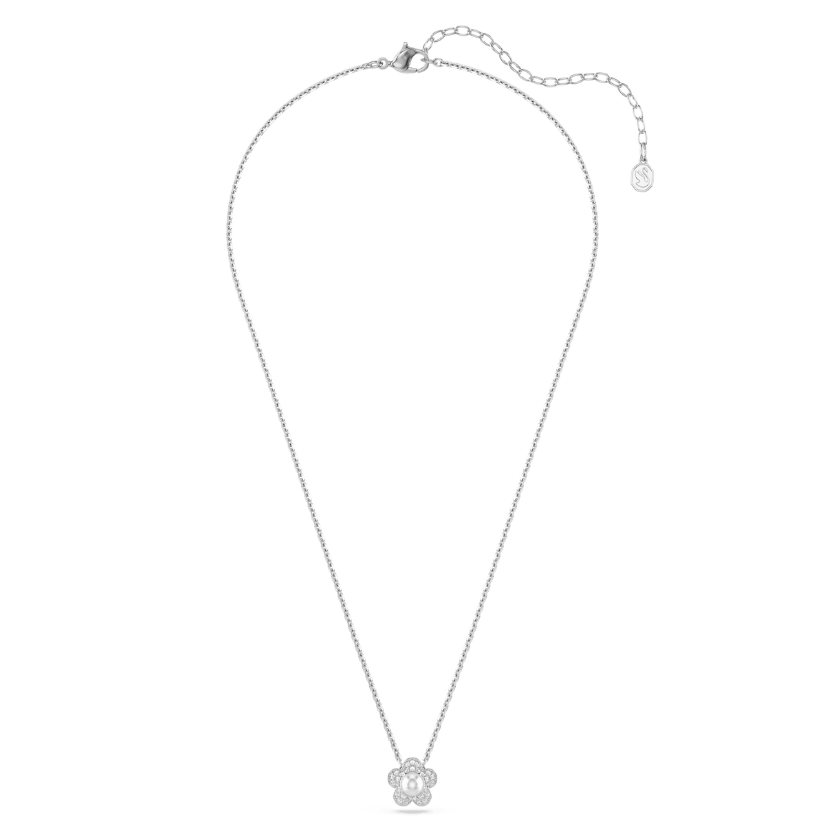 A Swarovski Ariana Grande x Swarovski pendant necklace featuring a delicate white crystal pearl flower design with round cut stones, rhodium plated, displayed on a plain white background.
