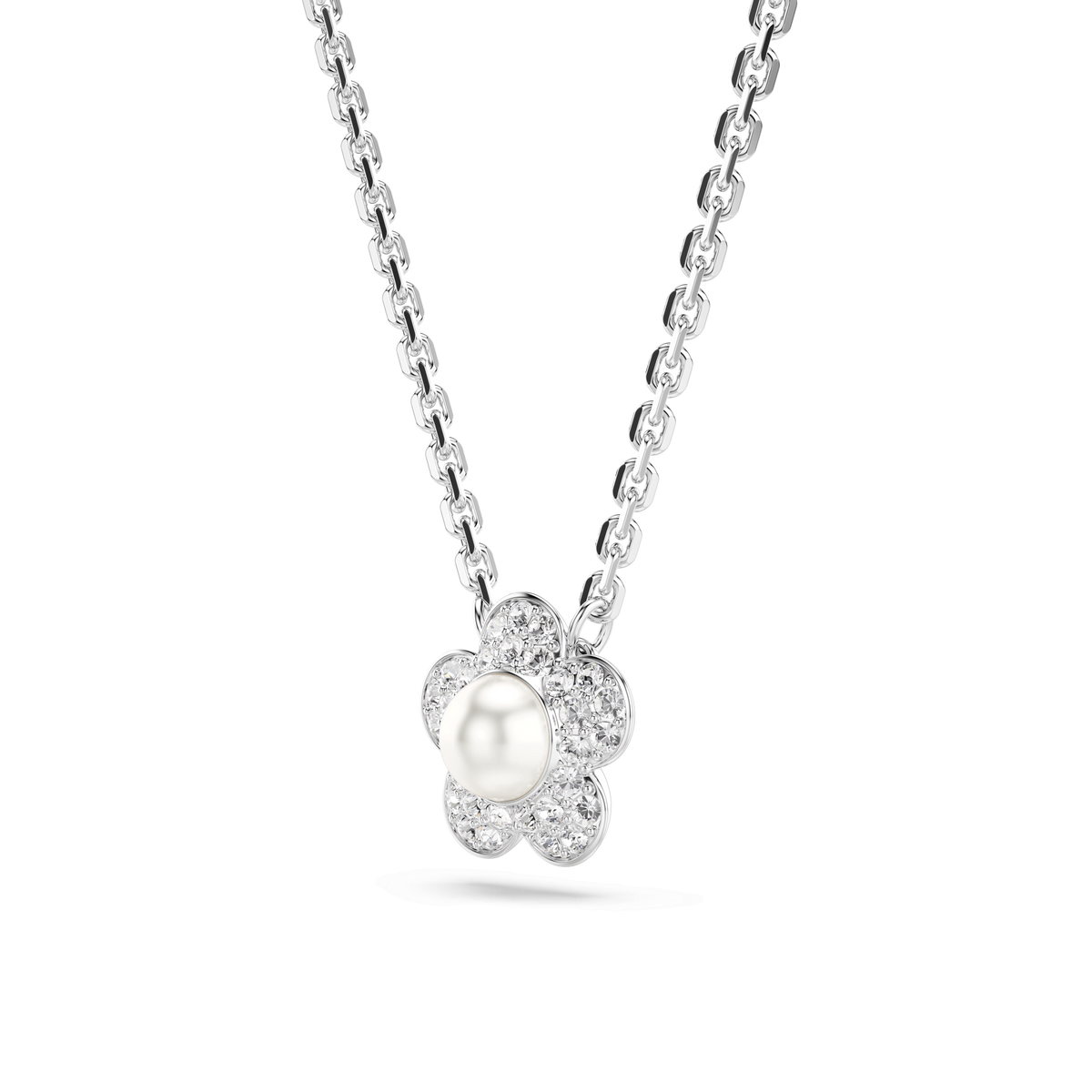 The Swarovski Ariana Grande x Swarovski pendant features a round-cut crystal pearl at the center of a rhodium-plated flower design, adorned with sparkling petals, and is displayed on a plain white background.