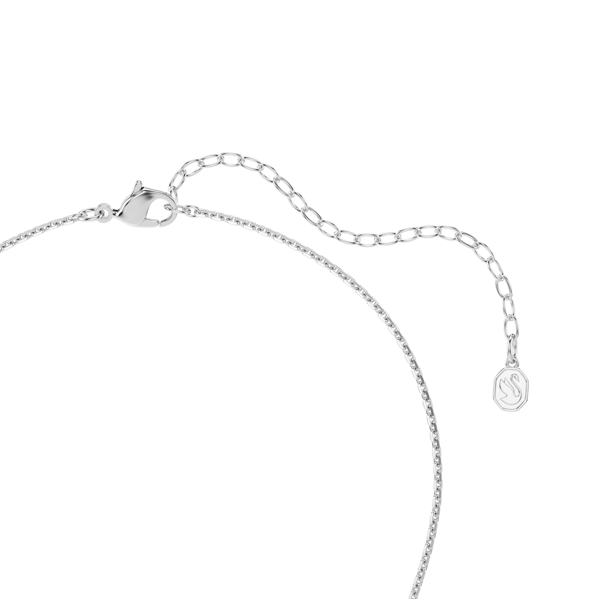 A Swarovski Ariana Grande x Swarovski pendant featuring a round-cut crystal flower and luminous white crystal pearl, finished with a rhodium-plated adjustable chain and lobster clasp, is displayed on a white background.