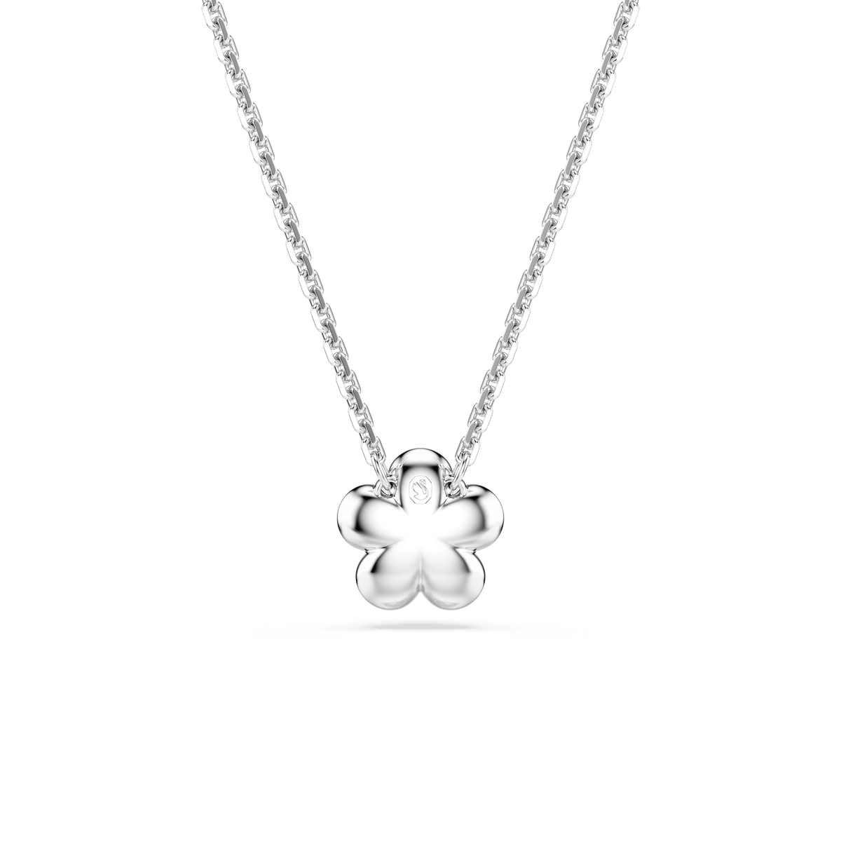 Swarovski Ariana Grande x Swarovski pendant featuring a delicate rhodium-plated chain and a white round-cut crystal pearl flower, displayed on a plain white background—a beautiful example of pavé jewelry.