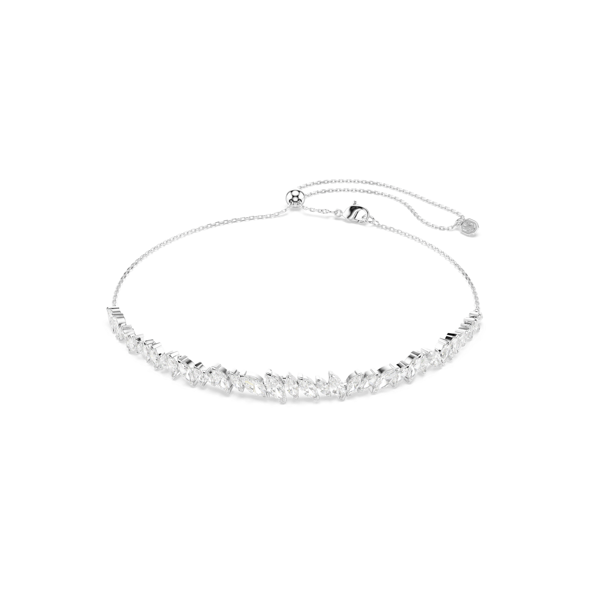 A refined rhodium-plated choker from Swarovski, the Mesmera design showcases a row of sparkling marquise-cut white stones reminiscent of those found in a Swarovski Zirconia necklace, and features an adjustable chain with a small charm at the end, elegantly displayed on a white background.