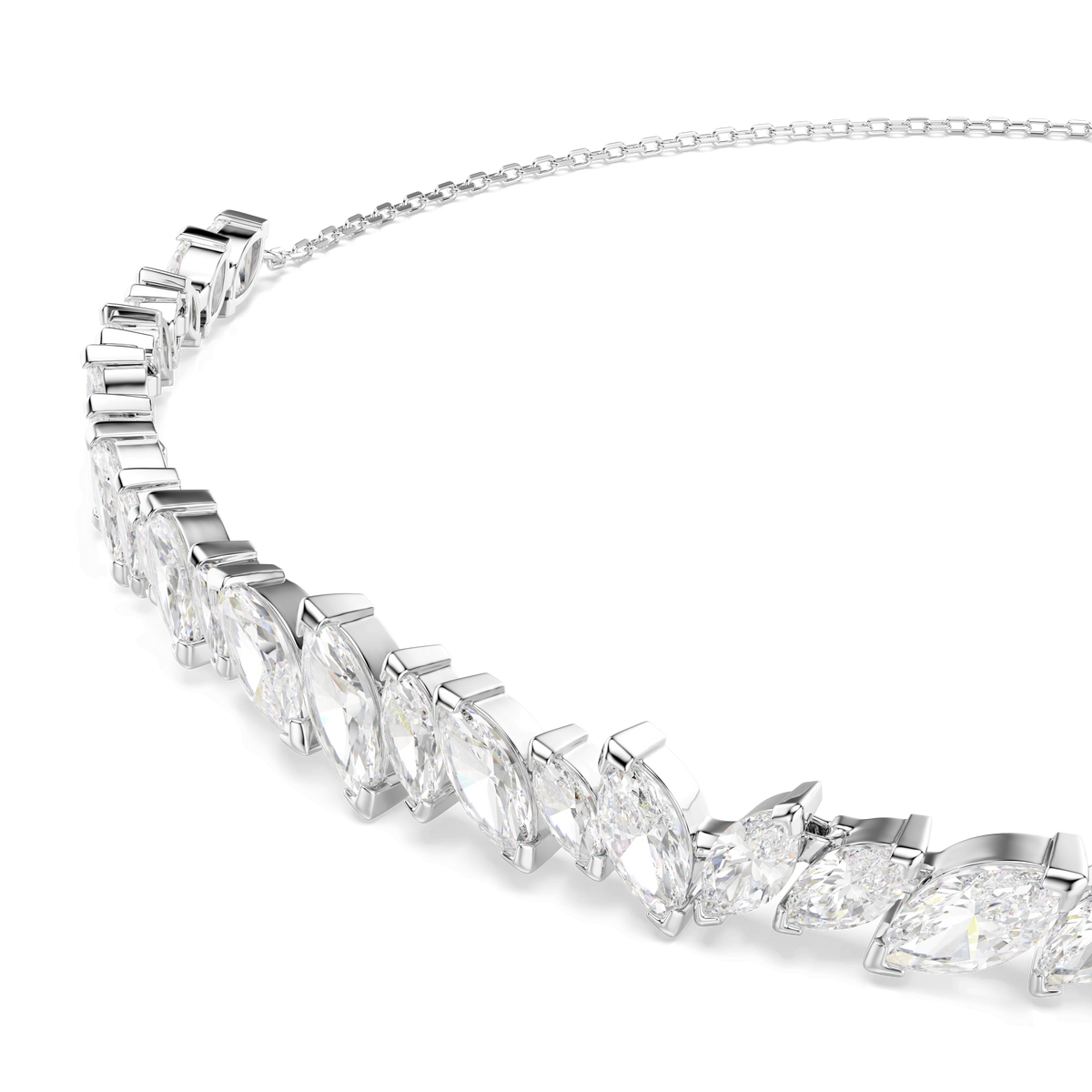A close-up of the Swarovski Mesmera choker by Swarovski, featuring marquise-cut white stones set in a single row on a fine rhodium-plated chain, displayed against a white background.