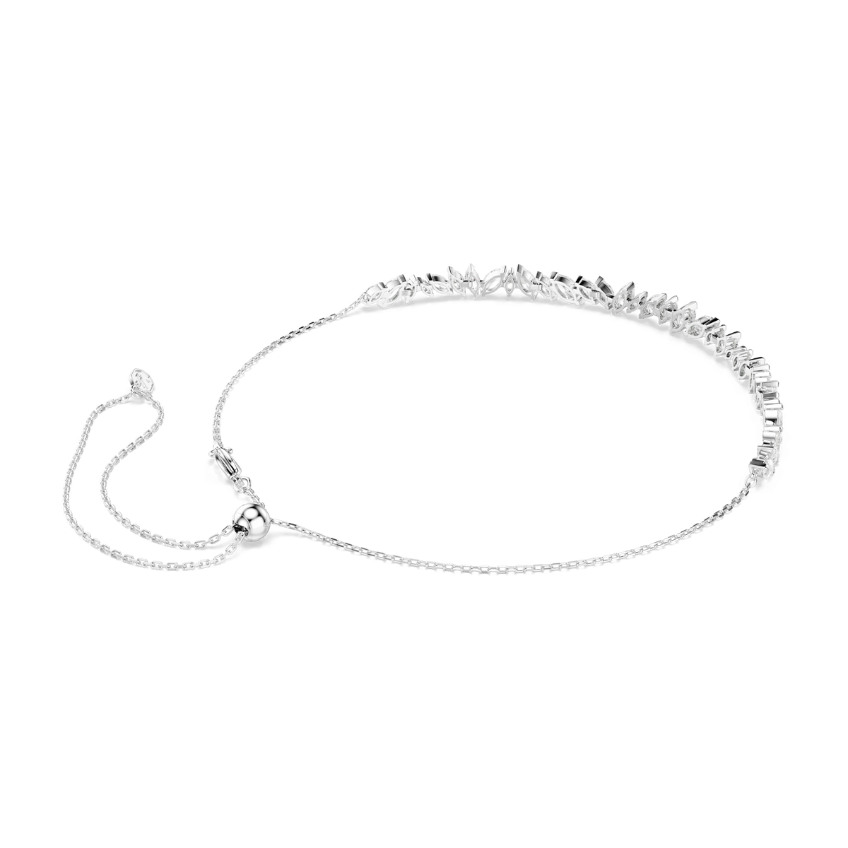 A stunning Swarovski Mesmera choker, featuring marquise-cut white crystals and finished with a rhodium-plated chain—perfect for those who appreciate subtle statement jewelry—displayed on a plain white background.