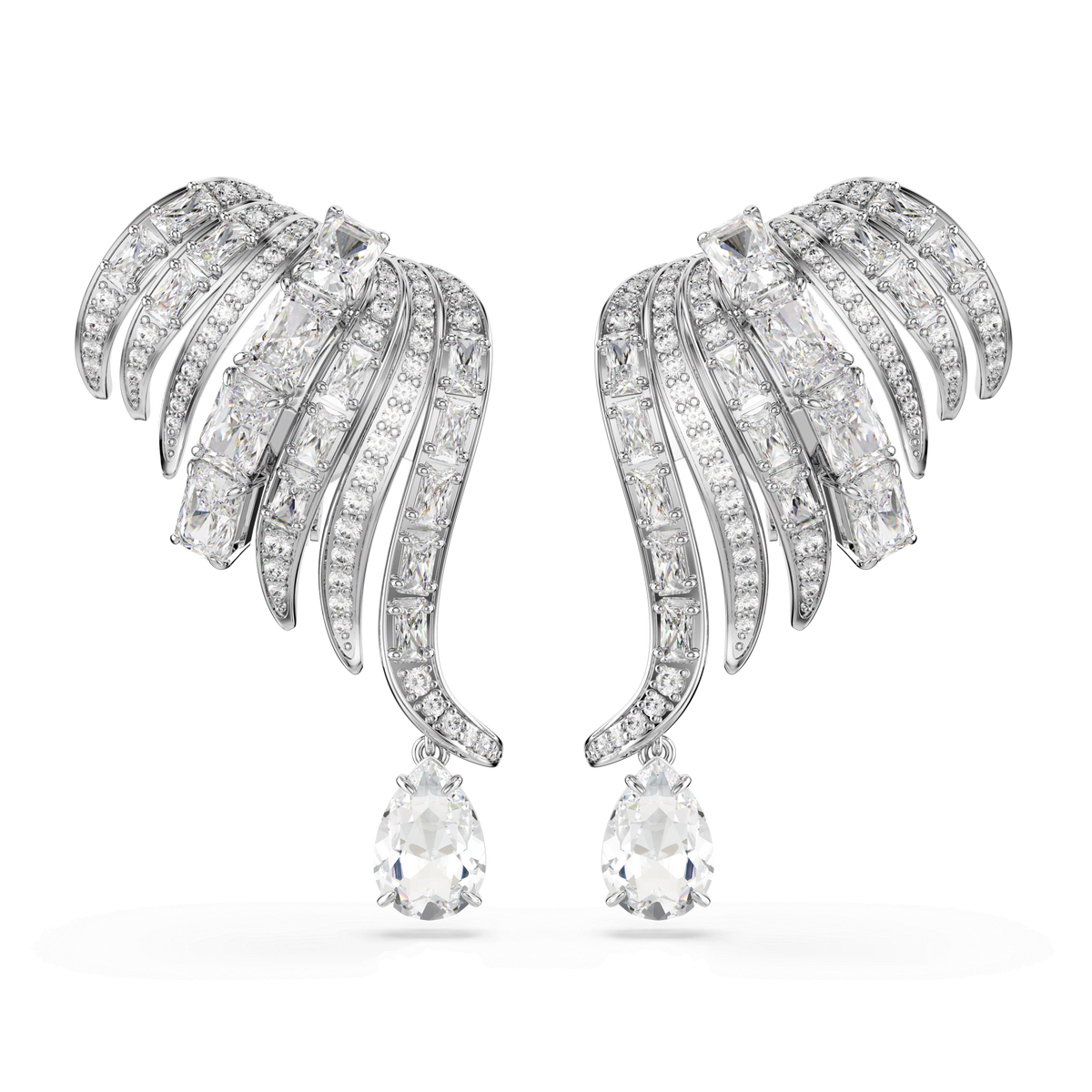 The Swarovski Vienna clip earrings by Swarovski feature a graceful swan-inspired design with mixed cuts, sparkling clear Swarovski Zirconia gemstones, and teardrop-shaped stones at the bottom. The rhodium-plated earrings are displayed against a white background.