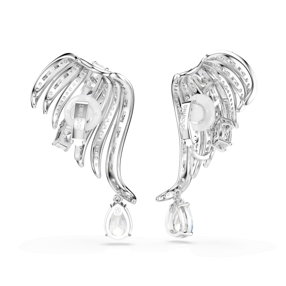 A pair of Swarovski Vienna clip earrings featuring mixed cuts in a swan motif with white Swarovski crystals and rhodium plating, displayed on a white background.