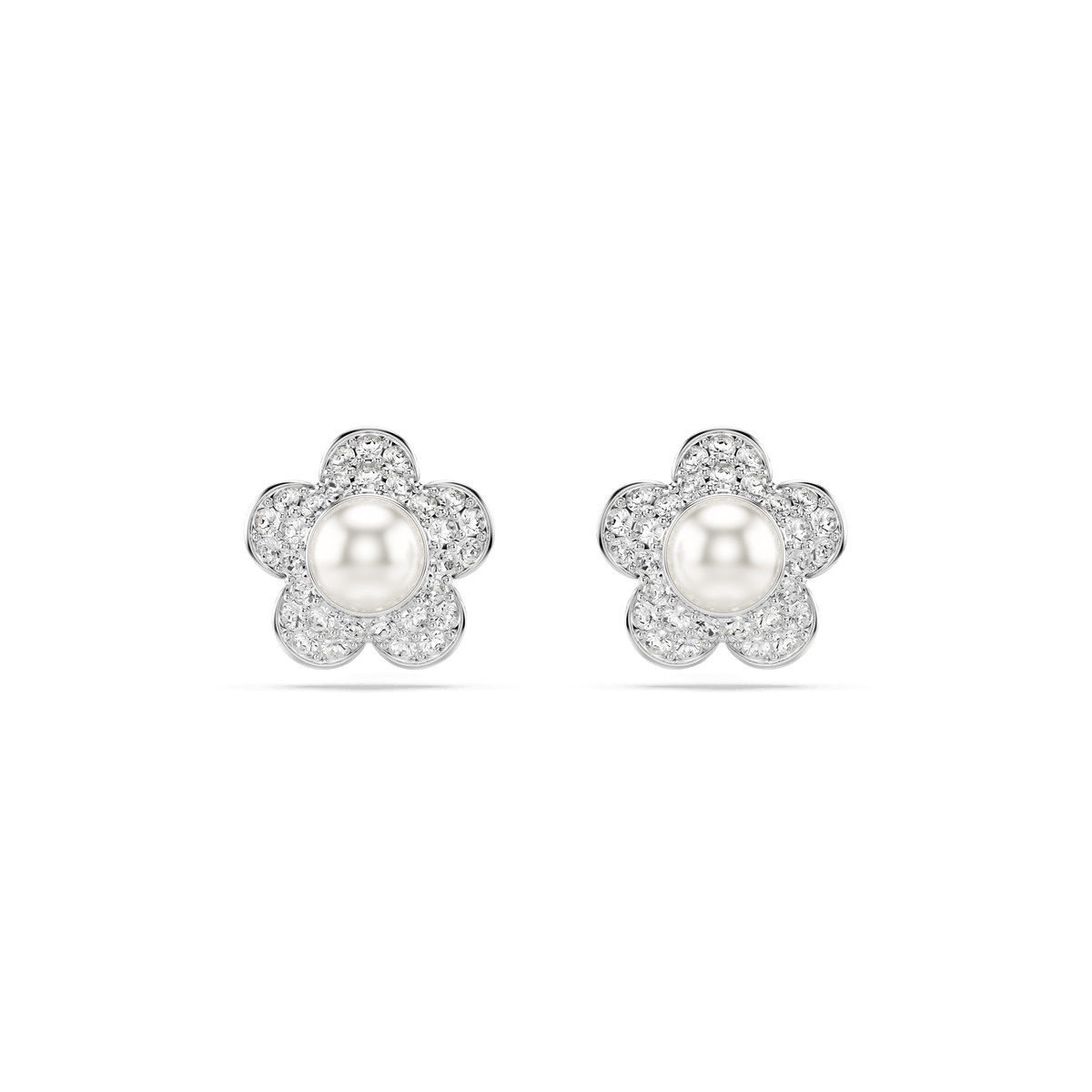 Elevate your style with the Swarovski Ariana Grande x Swarovski stud earrings—rhodium plated studs shaped like flowers, featuring a central round crystal pearl and petals adorned with sparkling crystals. These elegant white earrings shimmer beautifully against a plain white background.