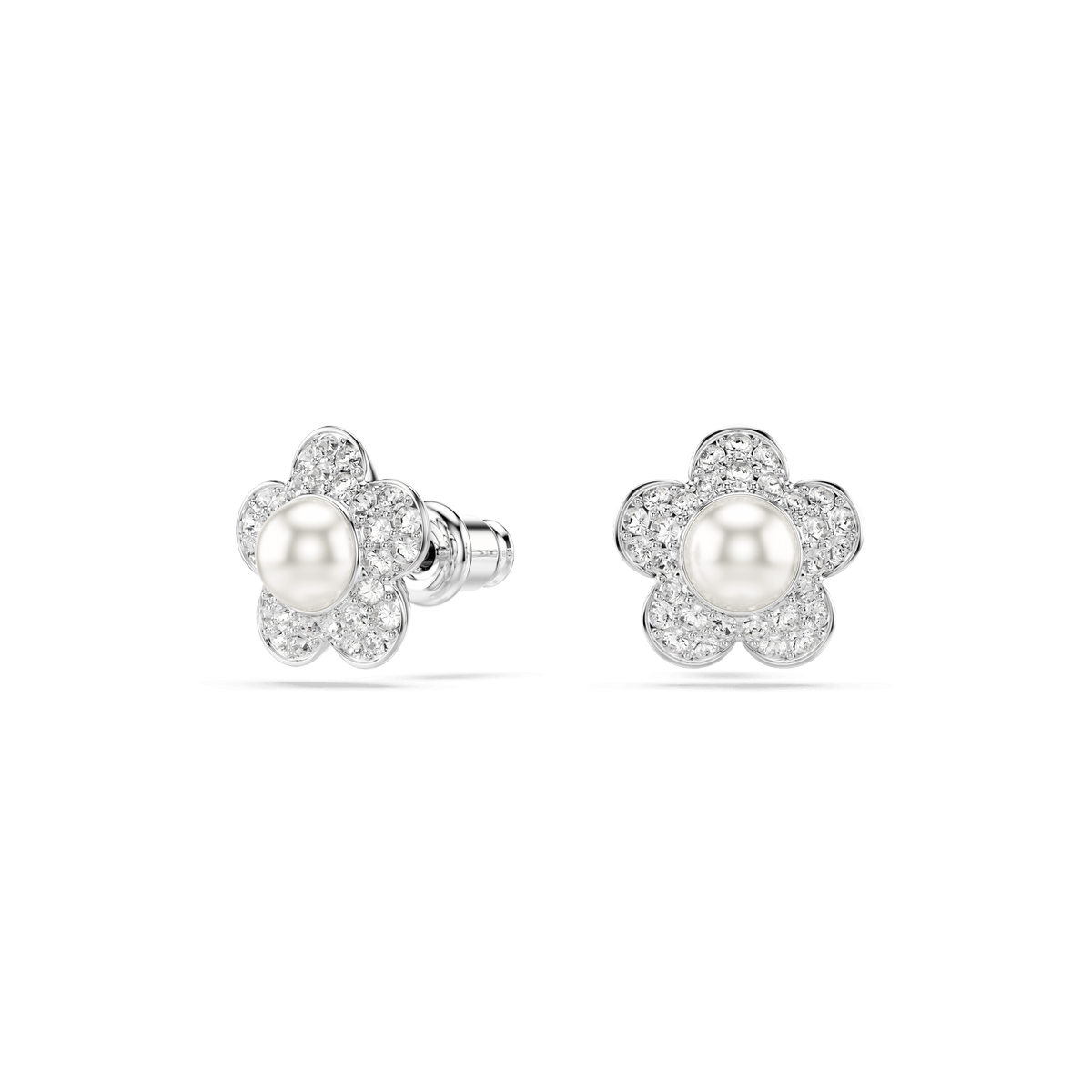 Swarovski Ariana Grande x Swarovski stud earrings in a flower motif, featuring round-cut crystal pearls at the center and rhodium-plated, petal-like edges adorned with sparkling pavé stones are beautifully displayed on a white background.